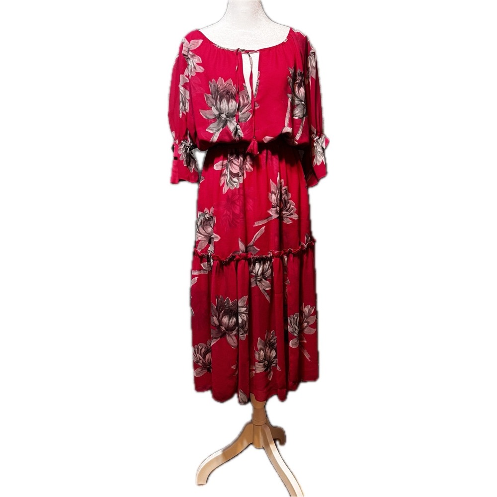 MISA Los Angeles Magenta Floral Midi Dress Tassel Keyhole Elastic Waist Medium